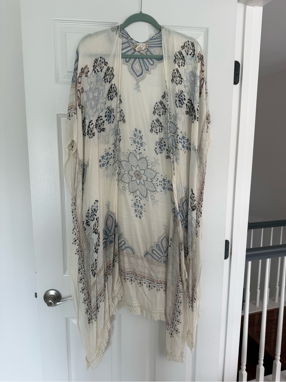 Boho Floral Fringe Kimono - Cream with Blue Accents
